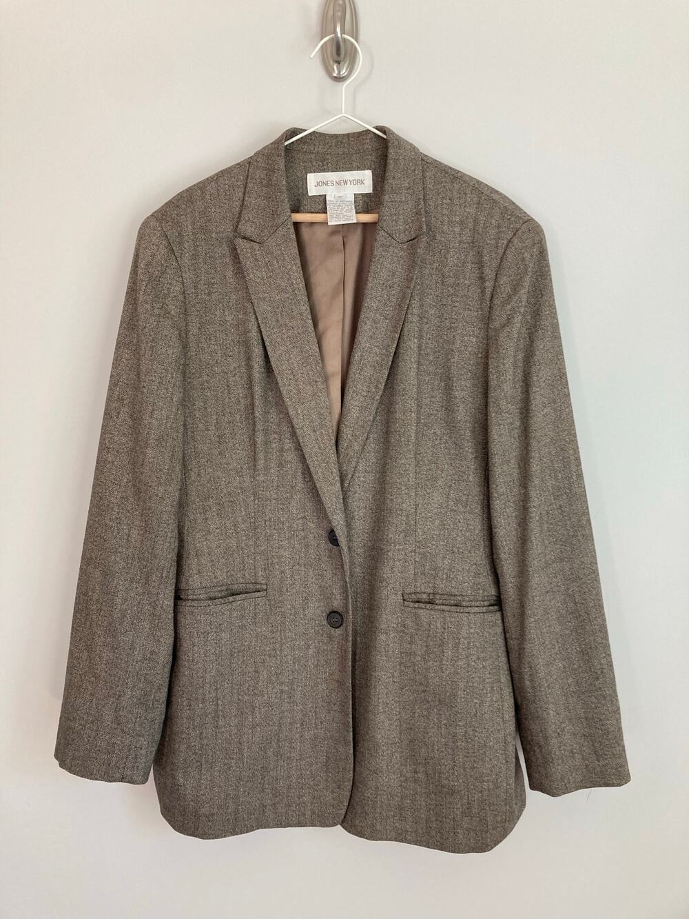 Jones New York Herringbone Wool Blend Blazer Size 12 Oversized Brown Workwear